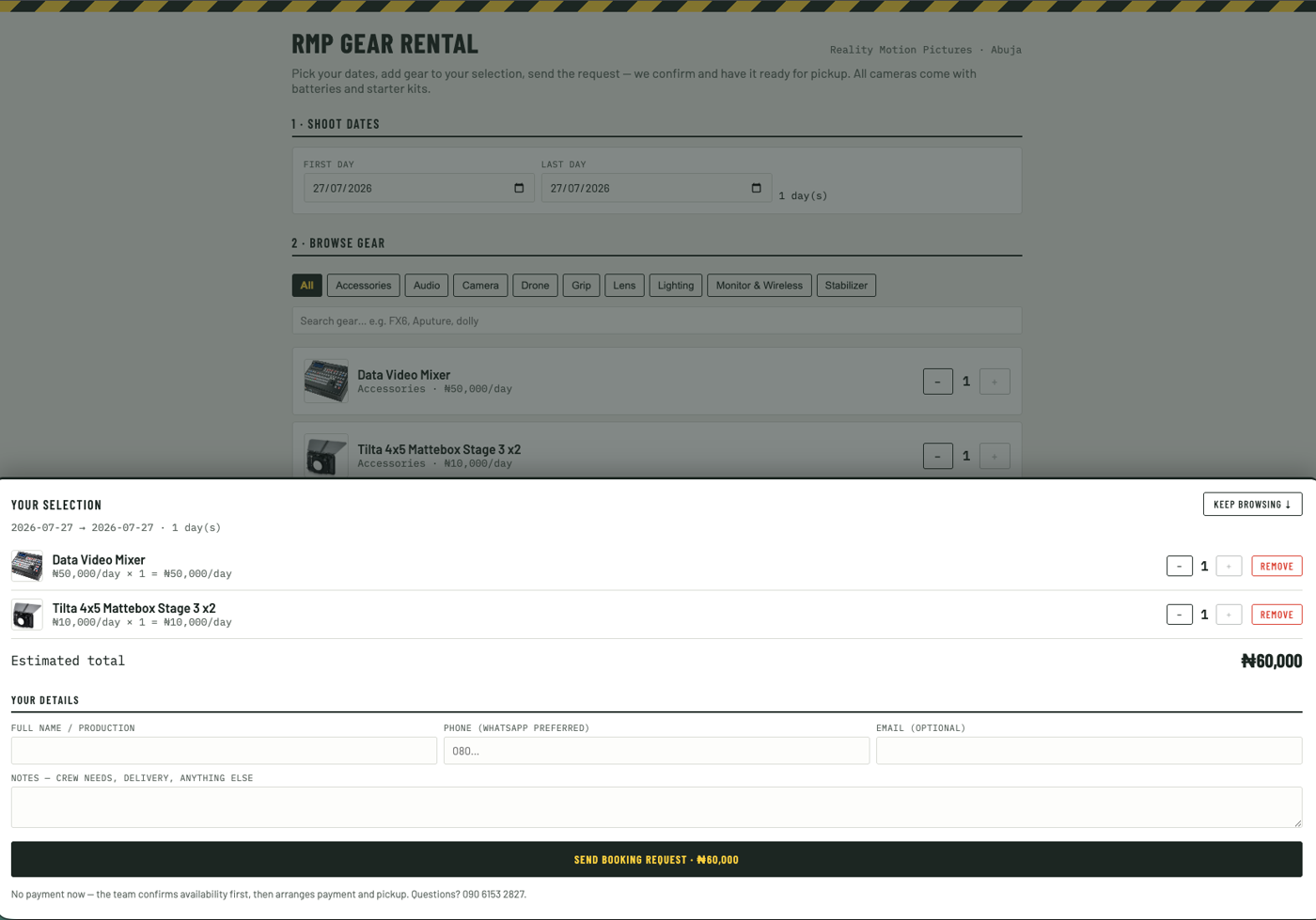 RMP Gear Rental booking site — kit selection with estimated total and booking request form