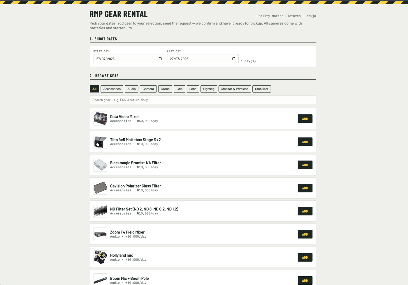 RMP Gear Rental booking site — browsing the gear catalogue with categories, search and day rates